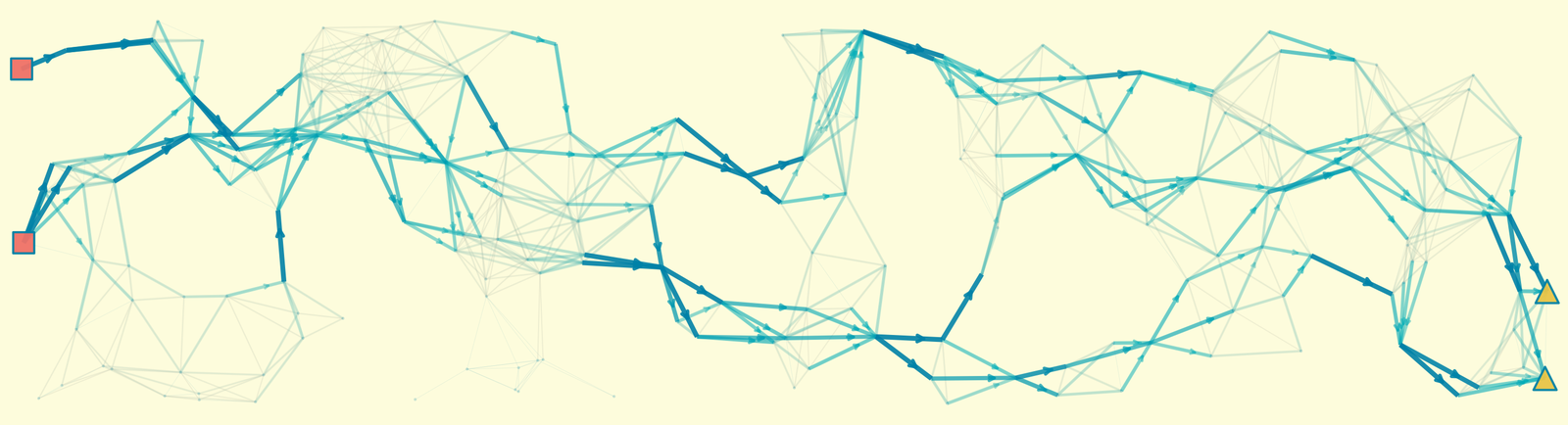 Trained conductances in a random geometric network showing learned edge weights