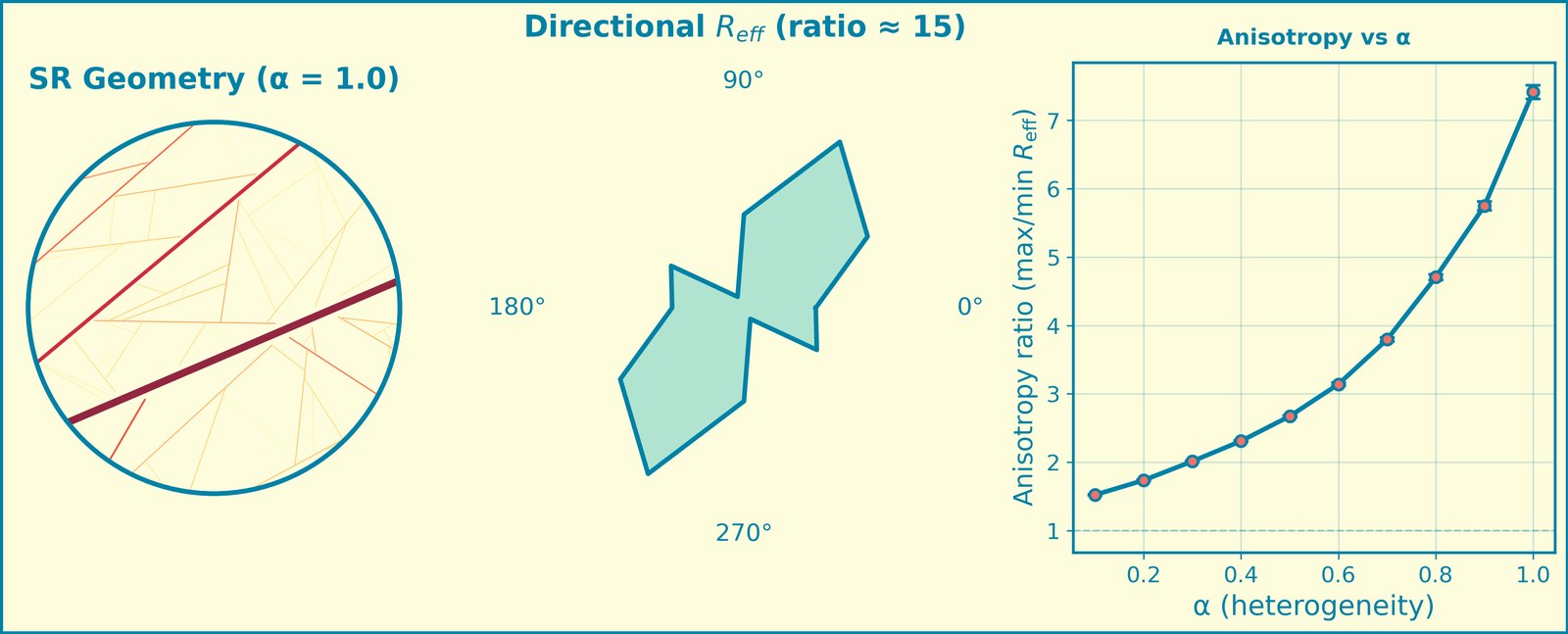 Directional effective resistance anisotropy: polar plots at three alpha values and anisotropy ratio vs alpha